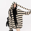 23AW | Stripe Knitted Bunny Ear Hoodie with Black Wooden Cross Necklace