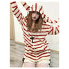 23AW | Stripe Knitted Bunny Ear Hoodie with Black Wooden Cross Necklace